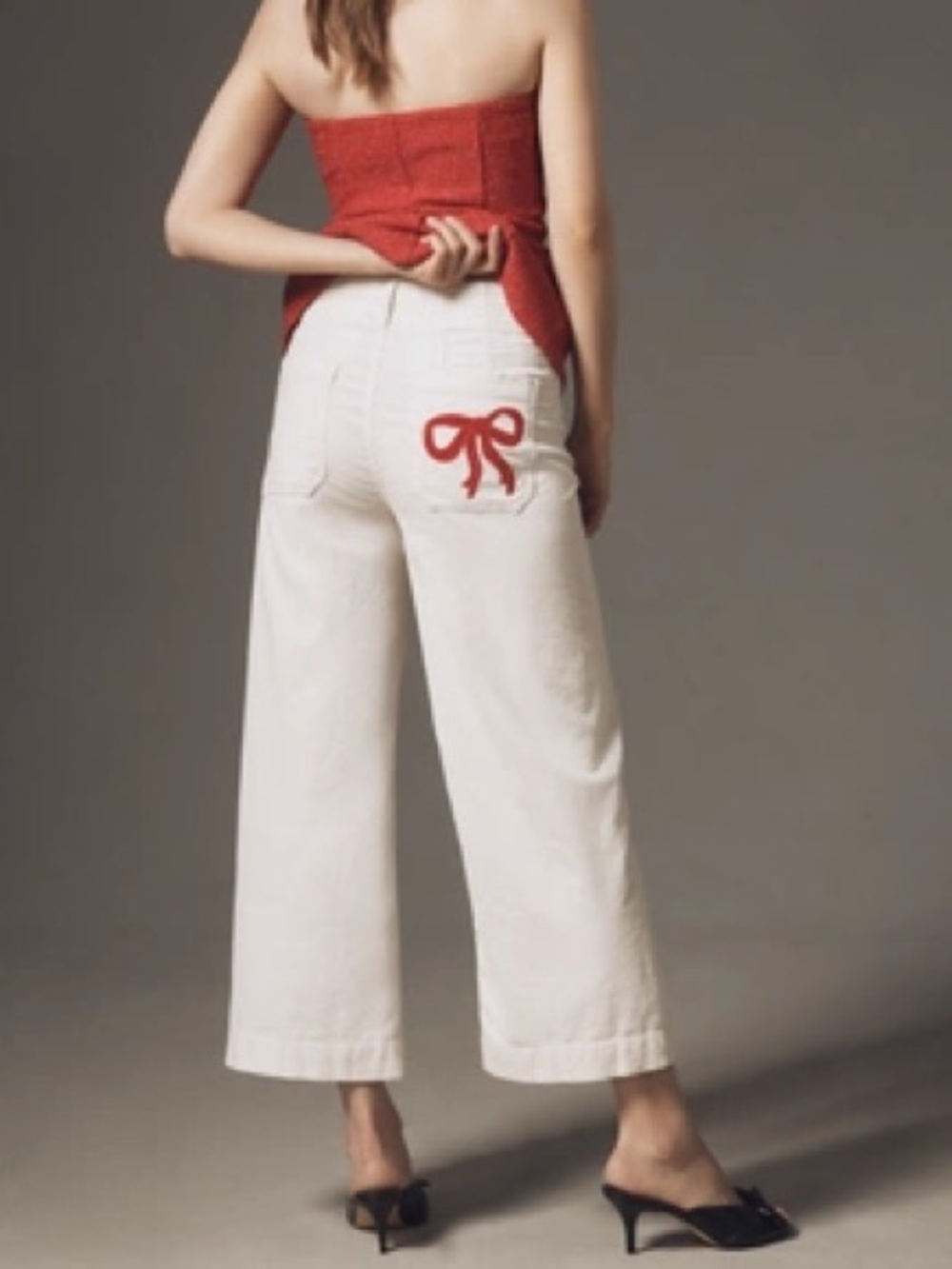 Maeve White Wide-Leg Jeans with Red Bow Embroidery